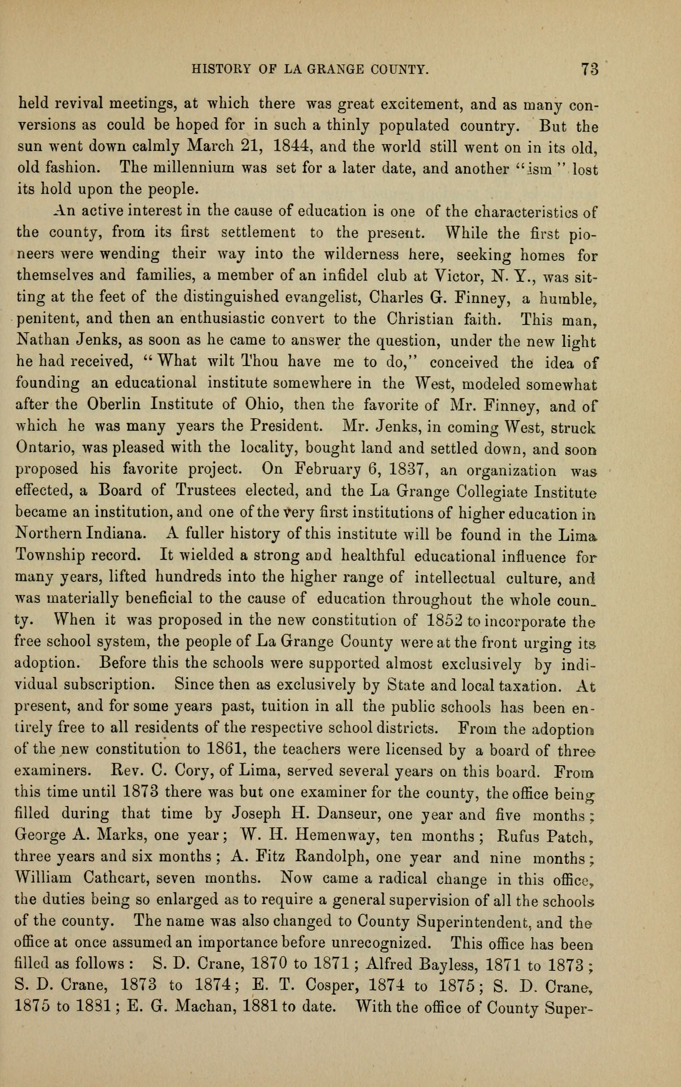 A printed page of an 1882 county history, a single column of set type on toned cream paper, numbered 73 at the top right beside the running head HISTORY OF LA GRANGE COUNTY. Three paragraphs of body type, the last of them running to the foot of the page and carrying a long series of personal names with dates against them. No illustration.