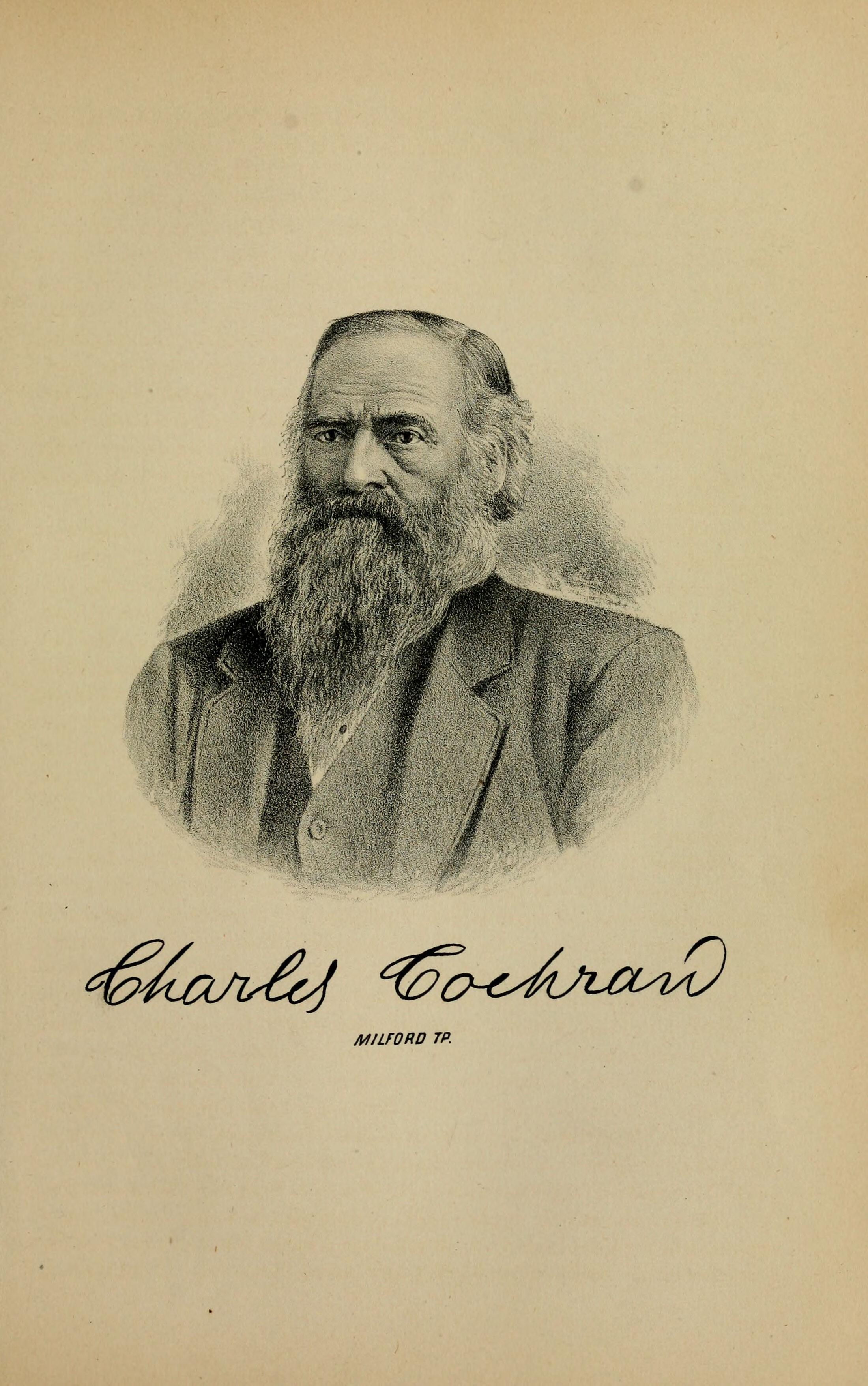 An 1882 lithograph bust portrait of an older man facing the viewer nearly square on. A high bald crown with hair left long at the sides and over the ears, heavy brows drawn together above deep-set eyes, and a full white beard falling well below the collar while the upper lip stays nearly bare. A dark coat with a wide lapel over a buttoned waistcoat and a white shirt with no visible tie. The figure fades into the paper below the shoulders with no border or frame. Beneath it an engraved signature in a flourished script reading Charles Cochran, and under that, in small spaced capitals, MILFORD TP.