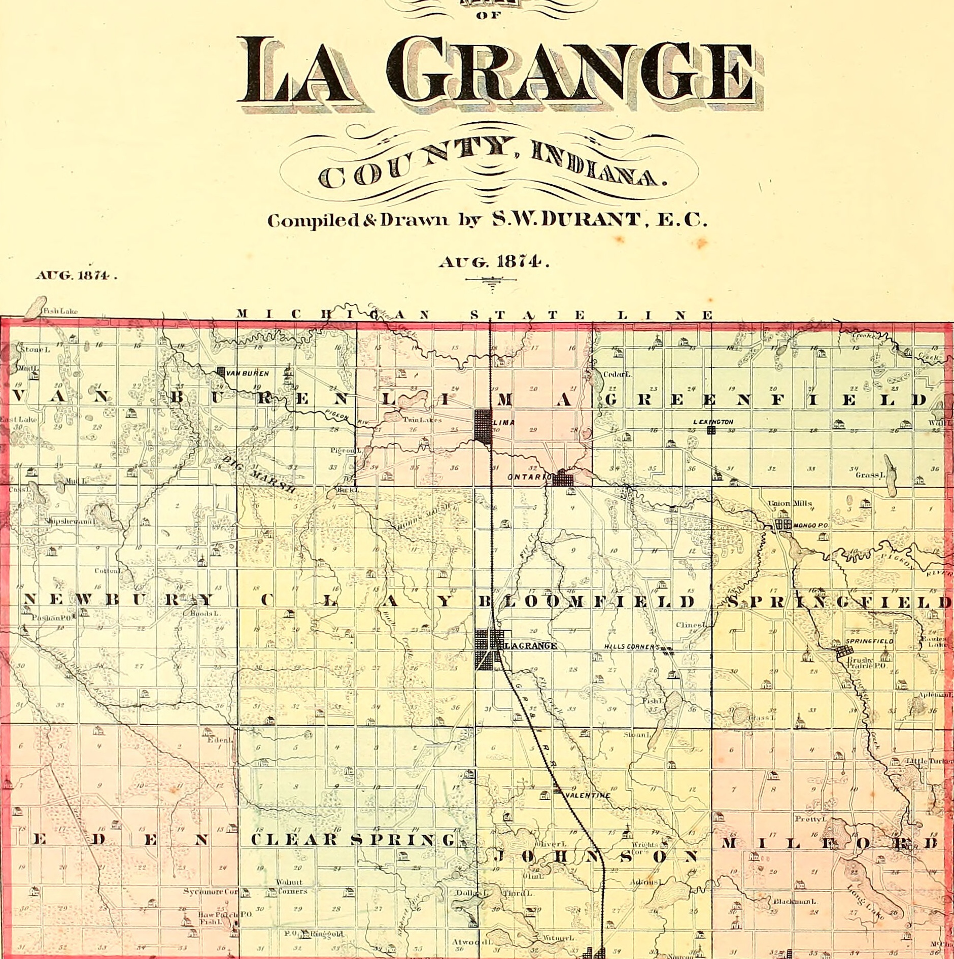 A hand tinted map of LaGrange County drawn in 1874, all eleven townships washed in separate colours on a grid of numbered one mile sections, with the Michigan state line along the top and a single railway running north to south through the middle of the county.