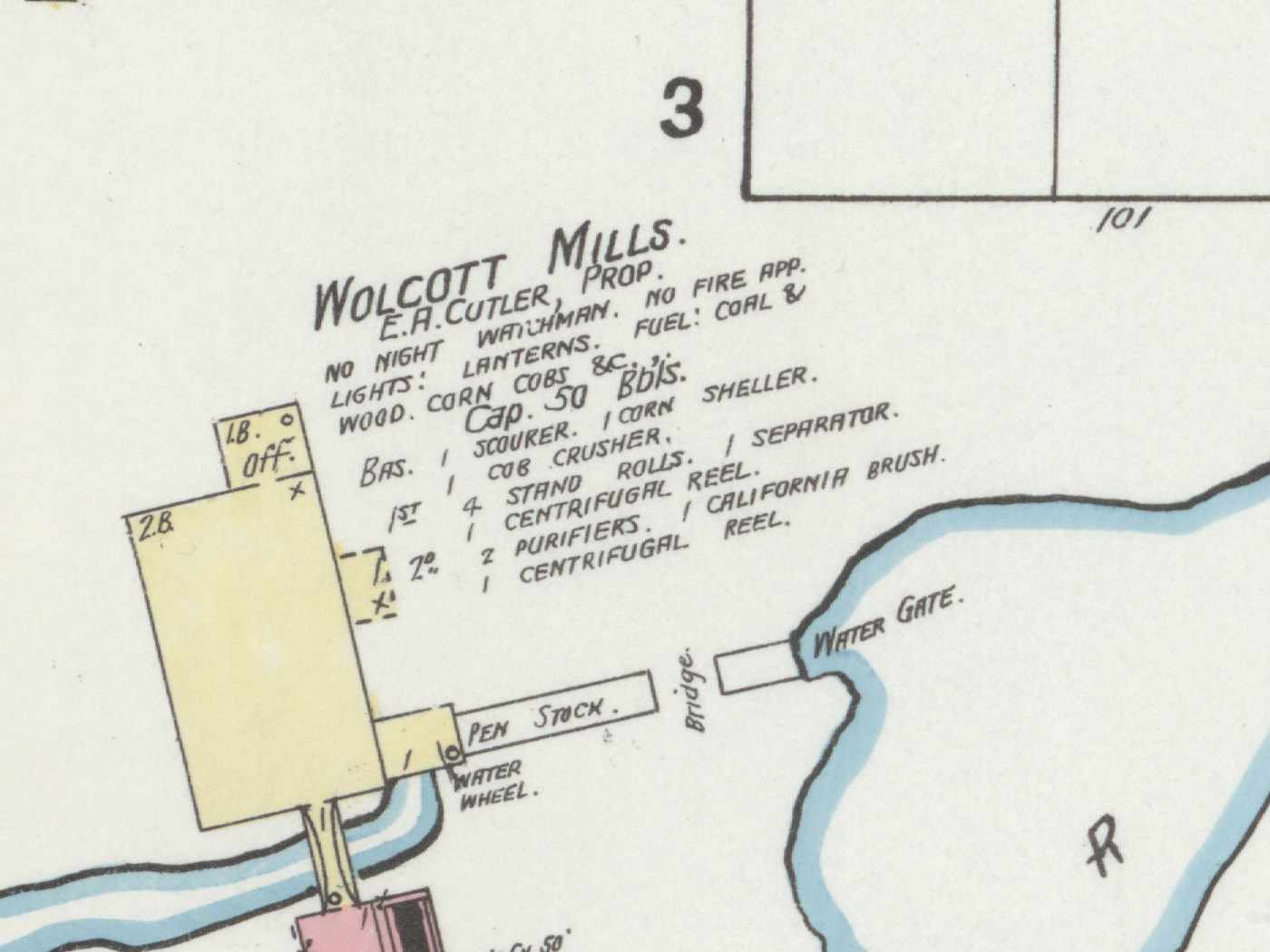 A detail from a colour fire insurance map. A yellow building stands at the left with a narrow wing running right to a structure lettered PEN STOCK and, below it, WATER WHEEL. A blue channel enters from the bottom left, passes under a bridge and widens across the lower right of the frame, with WATER GATE lettered where it meets the wing. Across the upper middle, in hand lettering rising slightly to the right, WOLCOTT MILLS., and beneath it in smaller letters E. A. CUTLER, PROP., followed by six lines of notes reading no night watchman, no fire app., lights lanterns, fuel coal and wood and corn cobs, capacity fifty barrels, and a list of machinery including a scourer, a corn sheller, four stand rolls, a cob crusher, a separator, two purifiers, centrifugal reels and a California brush. A large numeral 3 marks the block above.