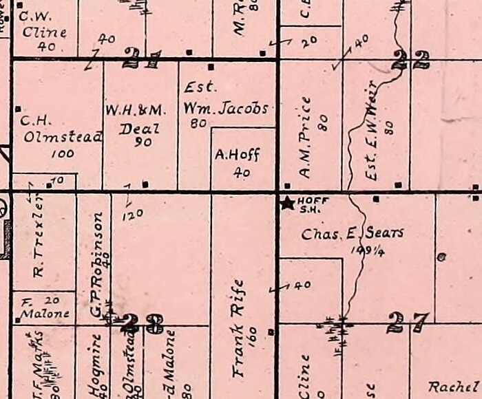 A detail from an 1893 county atlas plate, printed in black line on a pink wash. A solid black five pointed star stands at the inner corner of a numbered section, with the words HOFF S.H. lettered beside it in small capitals.